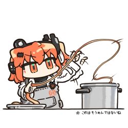 Rule 34 | 1girl, a.i. voice, adachi rei, afterimage, apron, chibi, commentary request, cooking, cooking pot, food, grey apron, hair ribbon, hand up, headlamp, headphones, jacket, long sleeves, no mouth, no sclera, noodles, one side up, open clothes, open jacket, orange eyes, orange hair, plate, radio antenna, reakaki, ribbon, solo, translation request, upper body, utau, v-shaped eyebrows, white background, white jacket, white ribbon