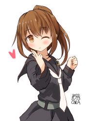 Rule 34 | 1girl, artist name, belt, black sailor collar, black serafuku, black shirt, black skirt, blowing kiss, brown eyes, brown hair, crescent, crescent pin, dated, fumizuki (kancolle), highres, kantai collection, long hair, long sleeves, looking at viewer, necktie, one-hour drawing challenge, one eye closed, owa (ishtail), ponytail, sailor collar, school uniform, serafuku, shirt, simple background, skirt, solo, white background, white necktie