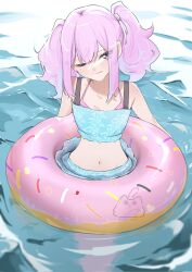Rule 34 | 1girl, ;), adomiwan, bare shoulders, bikini, blue bikini, character request, copyright request, head tilt, highres, innertube, long hair, looking at viewer, navel, one eye closed, pink hair, purple eyes, sidelocks, smile, solo, stomach, swim ring, swimsuit, twintails, upper body, water