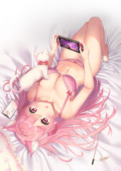 Rule 34 | 1girl, :o, absurdres, animal ear fluff, animal ears, artist name, bare arms, bare legs, bare shoulders, barefoot, bed sheet, blush, bow, bra, breasts, cat, cat ears, cat girl, cellphone, cleavage, collared shirt, frilled panties, frills, from behind, full body, headphones, highres, holding, ken-san, knees up, large breasts, long hair, looking at viewer, looking back, lying, navel, nintendo switch, on back, on bed, open mouth, original, panties, phone, pink bra, pink eyes, pink hair, pink panties, playing games, red bow, shirt, smartphone, solo, thigh gap, underwear, underwear only, very long hair, white cat