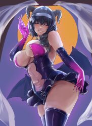 Rule 34 | 1girl, bat wings, black hair, braid, breasts, chikuden, cleavage, closed eyes, demon girl, elbow gloves, gloves, goat horns, goddess of victory: nikke, grin, hairband, halloween, halloween costume, highres, horns, large breasts, leotard, light blush, lips, long hair, mary (nikke), pink leotard, purple leotard, purple thighhighs, see-through, skindentation, skirt, smile, solo, thighhighs, two-tone leotard, wings