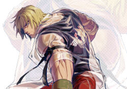 Rule 34 | 1boy, alternate costume, black tank top, blonde hair, coat, facial hair, fighting stance, ken masters, looking at viewer, male focus, mature male, muscular, muscular male, open clothes, open coat, pants, red pants, see-through, short hair, solo, street fighter, street fighter 6, stubble, tank top, thick eyebrows, transparent, upper body, yuiofire
