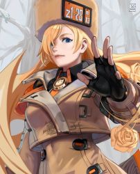 Rule 34 | 1girl, 2020, black gloves, blonde hair, blue eyes, brooch, brown dress, brown hat, brown jacket, commentary, cropped jacket, dress, english commentary, fingerless gloves, flower, fur hat, gloves, guilty gear, guilty gear strive, hair over one eye, hat, highres, jacket, jewelry, lips, long hair, looking at viewer, millia rage, outstretched hand, overlord jc, revision, rose, solo, ushanka