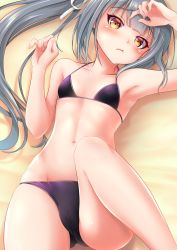 Rule 34 | 1girl, absurdres, armpits, bikini, breasts, cameltoe, cleavage, closed mouth, collarbone, flat chest, from above, groin, hair ribbon, halterneck, highres, kantai collection, kasumi (kancolle), long hair, looking at viewer, lying, makura (y makura), navel, on back, ponytail, purple bikini, ribbon, silver hair, skindentation, solo, swimsuit, very long hair, white ribbon, yellow eyes