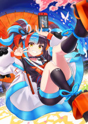Rule 34 | 1girl, absurdres, black legwear, bug, butterfly, cherry blossoms, choker, erobear, eyewear hang, unworn eyewear, fate/grand order, fate (series), grin, highres, huge filesize, insect, meta, multicolored hair, nintendo switch, oil-paper umbrella, sailor collar, sei shounagon (fate), smile, solo, sunglasses, sunglasses removed, thighs, twintails, umbrella, v, yellow eyes