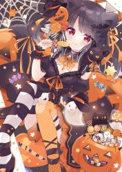 Rule 34 | 1girl, animal ears, aoi yugina, asymmetrical legwear, bat hair ornament, black choker, black dress, black hair, black legwear, bow, candy, cat ears, cat girl, cat tail, choker, closed mouth, commentary, dress, english text, fang, food, frilled cuffs, frilled dress, frills, ghost, hair ornament, halloween, halloween bucket, highres, holding, holding candy, holding food, horse girl, jack-o&#039;-lantern ornament, lollipop, looking at viewer, mismatched legwear, orange bow, orange legwear, original, polka dot, polka dot legwear, red eyes, short dress, short hair, short sleeves, silk, sitting, smile, solo, spider web, star (symbol), string of flags, striped clothes, striped legwear, striped thighhighs, tail, thighhighs, twintails
