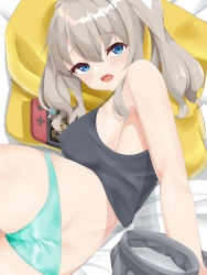 Rule 34 | 1girl, ass, back, bare shoulders, bed sheet, blue eyes, blue panties, blush, breasts, covered erect nipples, eyelashes, grey tank top, hair between eyes, highres, kantai collection, kashima (kancolle), large breasts, long hair, looking at viewer, looking back, lying, nintendo switch, nipples, on bed, on side, open mouth, panties, pants, unworn pants, pillow, shichini, shiny clothes, shiny skin, sideboob, silver hair, solo, sweatpants, tank top, tongue, twintails, underwear