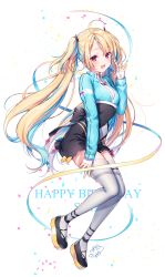 Rule 34 | 1girl, :d, ahoge, black dress, black footwear, blonde hair, blue hair, blue jacket, cropped jacket, dress, floating hair, full body, hand up, happy birthday, highres, jacket, komeshiro kasu, loafers, long hair, long sleeves, looking at viewer, minase shia, multicolored hair, nail polish, open mouth, red eyes, saikyou virtual talent audition, shoes, sidelocks, signature, smile, solo, thighhighs, twintails, two-tone hair, very long hair, virtual youtuber, white thighhighs, zettai ryouiki