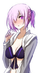 Rule 34 | 1girl, bikini, blush, breasts, cleavage, fate/grand order, fate (series), hair over one eye, himo, jacket, large breasts, looking at viewer, mash kyrielight, navel, open mouth, purple eyes, purple hair, short hair, simple background, solo, swimsuit, white background