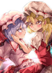 Rule 34 | 2girls, absurdres, back bow, backlighting, blonde hair, blurry, blurry background, blush, bow, brooch, checkered floor, closed mouth, collared shirt, commentary request, crystal, dress shirt, fingernails, flandre scarlet, frilled shirt, frilled shirt collar, frilled skirt, frilled sleeves, frills, glowing, glowing wings, hair between eyes, hand on another&#039;s cheek, hand on another&#039;s face, hat, hat ribbon, highres, jewelry, long hair, looking at another, mahoro (minase mahoro), mob cap, multiple girls, nail polish, open mouth, orange eyes, pink headwear, pink shirt, puffy short sleeves, puffy sleeves, purple hair, red bow, red nails, red ribbon, red skirt, red vest, remilia scarlet, ribbon, sharp fingernails, shirt, short hair, short sleeves, siblings, side ponytail, sisters, skirt, touhou, vest, white bow, white headwear, white shirt, wings, yellow brooch