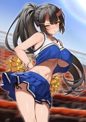 Rule 34 | 1girl, absurdres, armpits, bare arms, bare shoulders, black hair, blue shirt, blue skirt, blurry, blurry background, breasts, cheerleader, commentary request, crop top, crop top overhang, demon horns, dripping, enjo kouhai, hair ornament, hairclip, hands on own hips, highres, holding, holding pom poms, horns, large breasts, lens flare, long hair, looking at viewer, midriff, miniskirt, navel, origamine ouka, panty straps, parted lips, pleated skirt, pointy ears, pom pom (cheerleading), pom poms, ponytail, shirt, side-tie peek, sidelocks, skirt, sleeveless, sleeveless shirt, solo, stomach, sweat, takunomi, thighs, two-tone shirt, underboob, v-shaped eyebrows, very long hair, yellow eyes