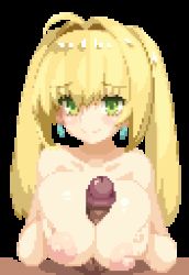 Rule 34 | 1boy, 1girl, ahoge, animated, animated gif, blonde hair, blush, breasts, breasts squeezed together, cum, cum on body, cum on breasts, cum on hair, cum on upper body, dark-skinned male, dark skin, earrings, ejaculation, facial, fate/grand order, fate (series), fellatio, green eyes, hair between eyes, hair intakes, hetero, huge breasts, jewelry, kunabishi, licking, licking penis, long hair, looking at viewer, lowres, nero claudius (fate), nero claudius (fate) (all), nero claudius (swimsuit caster) (fate), nipples, nude, oral, paizuri, penis, pixel art, pov, pov crotch, puffy nipples, smile, solo focus, tongue, tongue out, transparent background, twintails, uncensored
