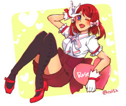 Rule 34 | 10s, 1girl, blue eyes, blush, breasts, frills, gloves, hair ornament, one eye closed, open mouth, red hair, rose (tales), shoes, short hair, shorts, tales of (series), tales of zestiria, thighhighs, wink
