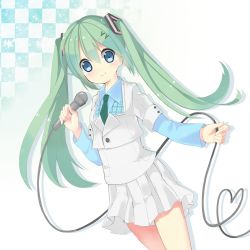 Rule 34 | 1girl, bad id, bad pixiv id, blue eyes, cable, food-themed hair ornament, green hair, hair ornament, hairclip, hatsune miku, long hair, microphone, moeko (moeko0903), necktie, project diva, project diva (series), skirt, smile, solo, spring onion, twintails, vocaloid