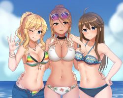 Rule 34 | 3girls, ;q, ahoge, arm around waist, arm rest, arm up, bare shoulders, belt, belt buckle, bikini, bikini under clothes, blonde hair, blue bikini, blue eyes, blush, bow, bracelet, breasts, brown eyes, brown hair, buckle, cleavage, closed mouth, cloud, cloudy sky, collarbone, colored stripes, commentary, cowboy shot, day, earrings, eyewear on head, flower, girl sandwich, gluteal fold, grey-framed eyewear, hair between eyes, hair flower, hair ornament, hand on own hip, hand up, highres, hoop earrings, horizon, idolmaster, idolmaster cinderella girls, idolmaster million live!, idolmaster shiny colors, izumi mei, jewelry, kurisu-kun, large breasts, light brown hair, long hair, looking at viewer, medium breasts, mismatched bikini, multicolored bikini, multicolored clothes, multiple girls, navel, ocean, ohtsuki yui, ok sign, one eye closed, open belt, open clothes, open fly, open shorts, outdoors, parted lips, ponytail, purple-tinted eyewear, red flower, sandwiched, shorts, sidelocks, sky, smile, star (symbol), stomach, striped, striped bow, sunglasses, swept bangs, swimsuit, tinted eyewear, tokoro megumi, tongue, tongue out, trait connection, unbuckled, water, wavy hair, white bikini