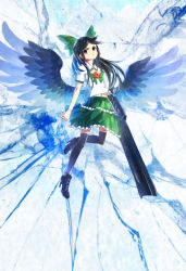 Rule 34 | &gt;:&lt;, 1girl, :&lt;, ankle boots, arm cannon, bird wings, black eyes, black footwear, black hair, black wings, blouse, blush, boots, bow, bowtie, cannon, closed mouth, cross-laced footwear, flat chest, floating, frilled skirt, frills, green bow, green bowtie, green skirt, hair ribbon, hddkwar, high heels, highres, lace-up boots, long hair, midriff, navel, open mouth, petite, reiuji utsuho, ribbon, shirt, shoes, short sleeves, skirt, solo, spread wings, thighhighs, third eye, touhou, v-shaped eyebrows, weapon, white shirt, wings