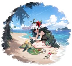 Rule 34 | 1girl, @ @, antenna hair, azur lane, bare shoulders, barefoot, beach, bikini, black bikini, blush, boat, bow, byulzzi, cloud, day, feet, flower, green hair, hat, hat flower, heart, highres, leg tattoo, long hair, looking at viewer, manjuu (azur lane), mountain, ocean, official alternate costume, official art, open mouth, outdoors, palm tree, red bow, red eyes, red flower, sailboat, sandals, see-through, shadow, shell, sitting, sky, smile, soles, solo, straw hat, sun hat, swimsuit, tattoo, toes, torricelli (azur lane), torricelli (shady seaside) (azur lane), transparent background, tree, turtle, wariza, water, watercraft