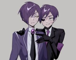 Rule 34 | 2boys, black gloves, black sclera, coat, colored sclera, dual persona, gloves, grey background, grin, hair over one eye, heterochromia, library of ruina, lobotomy corporation, long sleeves, mismatched sclera, mu46016419, multiple boys, necktie, project moon, purple coat, purple eyes, purple hair, purple necktie, scar, scar on face, shirt, smile, upper body, white shirt, yellow eyes, yesod (project moon)