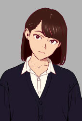 Rule 34 | 1girl, black cardigan, bob cut, bright pupils, brown eyes, brown hair, cardigan, closed mouth, collared shirt, earrings, grey background, head tilt, highres, jewelry, looking at viewer, necklace, original, shirt, simple background, solo, stud earrings, upper body, white pupils, white shirt, wing collar, yukiyoshi mamizu