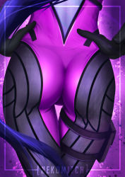 Rule 34 | 1girl, artist name, ass, ass focus, black gloves, blue hair, bodysuit, close-up, colored skin, cowboy shot, from behind, gloves, hands on own hips, head out of frame, highres, itsnekomitch, long hair, nekomitch, overwatch, overwatch 1, ponytail, purple background, purple skin, signature, skin tight, solo, thigh gap, very long hair, widowmaker (overwatch)