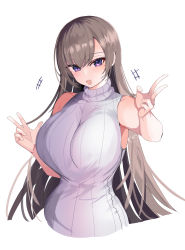 Rule 34 | 1girl, :d, absurdres, bad id, bad twitter id, blush, breasts, brown hair, hanasaka houcha, highres, huge breasts, long hair, looking at viewer, mole, mole under eye, open mouth, original, purple eyes, ribbed sweater, simple background, sleeveless, sleeveless sweater, smile, solo, sweater, tsurime, v, white background, white sweater