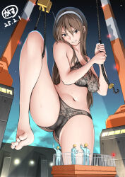 1girl 3boys artist_name ashigara_(kancolle) black_bra black_panties bra breasts brown_eyes brown_hair crane_(machine) dated giant giantess hairband helmet kantai_collection kasu_(kasunohikari) large_breasts leg_up lingerie long_hair multiple_boys navel panties pussy_juice see-through_bra see-through_clothes stomach teeth underwear underwear_only white_hairband