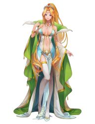 Rule 34 | 1girl, artist request, bad id, bad twitter id, bare shoulders, blonde hair, blue eyes, breasts, cape, crown, dress, full body, hair ornament, jewelry, long hair, looking at viewer, luna princess, medium breasts, mole, mole under eye, navel, necklace, official art, pelvic curtain, ponytail, revealing clothes, shoes, simple background, sleeveless, smile, solo, standing, tenshi mikadokuni, very long hair, white background, white legwear
