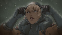 Rule 34 | 1girl, apex legends, blonde hair, blue bodysuit, blue eyes, blue gloves, blue headwear, bodysuit, commentary, english commentary, facial scar, freckles, gloves, highres, hood, hood down, hooded jacket, ifragmentix, jacket, looking up, making-of available, orange jacket, parted lips, portrait, rain, ribbed bodysuit, scar, scar on cheek, scar on face, solo, wattson (apex legends), western comics (style)