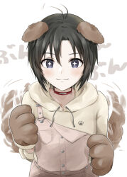 Rule 34 | 1girl, animal collar, animal ears, animal hands, antenna hair, black eyes, black hair, blush, brown background, brown gloves, brown hoodie, brown overalls, choker, claws, closed mouth, collar, commentary, dog ears, dog tail, drawstring, excited, gloves, hair between eyes, hood, hood down, hoodie, idolmaster, idolmaster (classic), kikuchi makoto, light smile, looking at viewer, mogskg, motion blur, motion lines, overalls, paw gloves, paw print, red choker, short hair, smile, solo, sparkling eyes, strap slip, tail, tail wagging, upper body, very short hair, white background