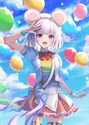 Rule 34 | 1girl, :d, absurdres, animal ears, arm up, balloon, blue sky, blush, bow, brooch, cloud, collared shirt, fake animal ears, frilled skirt, frills, granblue fantasy, heart, heart brooch, highres, jacket, jewelry, looking at viewer, mouse ears, niccoriii, open mouth, outdoors, pink skirt, red bow, red eyes, shading eyes, shirt, short hair, short sleeves, skirt, sky, smile, solo, vikala (granblue fantasy), white hair, white jacket