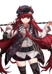 Rule 34 | 1girl, arknights, belt, black skirt, cabbie hat, df4d/dongfeng 4d, elbow pads, hat, horns, horns through headwear, jacket, long hair, low-tied long hair, pointy ears, red eyes, red hair, single elbow pad, skirt, solo, strap, thighhighs, transparent background, twintails, very long hair, vigna (arknights), zettai ryouiki