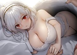 Rule 34 | 1boy, 1girl, azur lane, bare shoulders, bed, bed sheet, blanket, blush, breasts, cleavage, commentary request, hair between eyes, hairband, hand on another&#039;s hand, lace-trimmed hairband, lace trim, large breasts, lingerie, looking at viewer, lying, on side, open mouth, panties, pillow, pov, pyz (cath x tech), red eyes, short hair, sidelocks, sirius (azur lane), solo focus, under covers, underwear, white hair, white panties