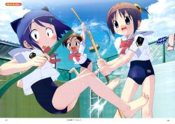 Rule 34 | 00s, 3girls, :d, amamiya manami, bad id, bad yandere id, barefoot, blush, bow, broom, chain-link fence, cleaning, cleaning brush, cloud, day, empty pool, feet, fence, gakuen utopia manabi straight!, highres, hose, inamori mika, jumping, multiple girls, official art, one-piece swimsuit, open mouth, outdoors, pink bow, pleated skirt, pool, scan, school swimsuit, school uniform, skirt, unworn skirt, smile, swimsuit, swimsuit under clothes, tan, toes, towel, tripping, uehara mutsuki