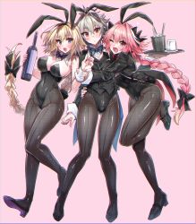 Rule 34 | 1girl, 2boys, ;d, ?, animal ears, astolfo (fate), bare shoulders, black bow, black footwear, black headband, black jacket, black leotard, blonde hair, blue neckwear, blush, bottle, bow, bowtie, braid, breasts, brown pantyhose, bulge, closed mouth, coattails, commentary request, crossdressing, cup, detached collar, fake animal ears, fake tail, fang, fate/apocrypha, fate (series), fishnet pantyhose, fishnets, flying sweatdrops, full body, grey hair, hair between eyes, hair bow, hair intakes, haoro, head tilt, headband, heart, high heels, highleg, highleg leotard, highres, holding, holding another&#039;s wrist, holding bottle, holding tray, hug, ice, ice cube, jacket, jeanne d&#039;arc (fate), jeanne d&#039;arc (ruler) (fate), large breasts, leotard, long hair, long sleeves, looking at viewer, male playboy bunny, multicolored hair, multiple boys, one eye closed, open clothes, open jacket, open mouth, orange eyes, pantyhose, pink background, pink hair, playboy bunny, purple eyes, purple neckwear, rabbit ears, rabbit tail, red neckwear, shiny clothes, sidelocks, sieg (fate), simple background, single braid, skin fang, smile, standing, standing on one leg, strapless, strapless leotard, streaked hair, sweatdrop, tail, tongs, trap, tray, twitter username, very long hair, white hair, wine bottle, wrist cuffs