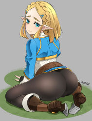 Rule 34 | 1girl, artist name, ass, blonde hair, blue eyes, blush, boots, braid, breasts, butcha-u, cameltoe, corset, crown braid, fat mons, fingerless gloves, from behind, gloves, highres, huge ass, looking at viewer, looking back, medium breasts, nintendo, pants, parted bangs, pointy ears, princess zelda, shiny clothes, short hair, sideboob, sitting, skin tight, solo, the legend of zelda, the legend of zelda: breath of the wild, the legend of zelda: tears of the kingdom, thick eyebrows, tight clothes, tight pants, wariza