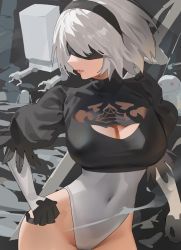 Rule 34 | 1girl, 2b (nier:automata), black blindfold, black hairband, blindfold, breasts, cleavage cutout, clothing cutout, covered eyes, feather-trimmed sleeves, feather trim, hairband, heattech leotard, highres, hood (james x), juliet sleeves, large breasts, leotard, long sleeves, nier:automata, nier (series), pod (nier:automata), puffy sleeves, silver hair, thighs, turtleneck, white leotard