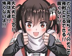 Rule 34 | 1girl, :d, black gloves, blush, brown eyes, brown hair, commentary request, elbow gloves, fingerless gloves, gloves, kantai collection, open mouth, real life, remodel (kantai collection), scarf, sendai (kancolle), short hair, smile, solo, tooi aoiro, translation request, two side up, v-shaped eyebrows, white scarf