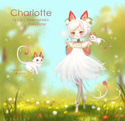 Rule 34 | 1girl, adoptable, animal ears, animal feet, ankle tattoo, artist name, astrocatsama, bare legs, barefoot sandals (jewelry), blue sky, blurry, blurry background, braid, cat, cat ears, cat tail, character age, character name, commentary, dandelion seed, day, dress, english commentary, english text, field, flower, flower field, food, fruit, grass, green eyes, hair ears, heart, heart tattoo, highres, knees, layered sleeves, light blush, light smile, long sleeves, looking at viewer, medium dress, open mouth, original, outdoors, outstretched arms, pink sleeves, puffy short sleeves, puffy sleeves, short hair, short over long sleeves, short sleeves, side braids, sky, strawberry, strawberry slice, tail, tattoo, teeth, tree, venus symbol, white dress, white hair, white sleeves, winged footwear