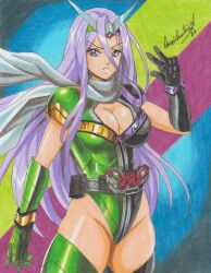 Rule 34 | 1girl, 2023, absurdres, belt, breasts, cape, cleavage, fuuto tantei, gloves, highres, kamen rider, kamen rider w, large breasts, leotard, long hair, purple eyes, purple hair, ravernclouk design, solo, thick thighs, thighs, tokime (fuuto tantei), traditional media