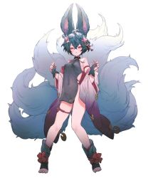 Rule 34 | 1girl, animal ears, arm strap, backless outfit, black hair, claw pose, covered navel, detached sleeves, erune, flower, fox ears, fox girl, fox tail, granblue fantasy, hair between eyes, hair flower, hair ornament, highres, koza game, large tail, looking at viewer, multiple tails, nail polish, red eyes, sideless outfit, solo, tail, thigh strap, white background, you (granblue fantasy)