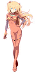 Rule 34 | 1girl, absurdres, bad id, bad pixiv id, blue eyes, blush, boltiji, breasts, breasts apart, colored eyelashes, full body, hair between eyes, hand on own hip, head tilt, highres, leaning to the side, long hair, looking at viewer, neon genesis evangelion, orange hair, outline, parted bangs, plugsuit, signature, simple background, skin tight, solo, souryuu asuka langley, standing, two side up, v-shaped eyebrows, white background
