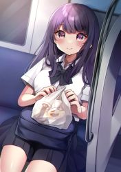 Rule 34 | 1girl, bad id, bad pixiv id, bag, black bow, black skirt, blush, bow, breasts, closed mouth, collared shirt, commentary request, dress shirt, food, highres, long hair, medium breasts, minami saki, original, plastic bag, pleated skirt, pudding, purple eyes, purple hair, school bag, school uniform, shirt, short sleeves, skirt, smile, solo, train interior, transparent, white shirt