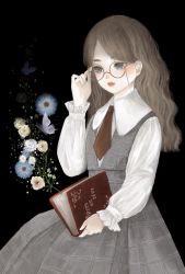 Rule 34 | 1girl, adjusting eyewear, black background, blue butterfly, blue flower, book, brown hair, brown necktie, bug, butterfly, collared shirt, commentary, cowboy shot, crying, crying with eyes open, dress, eyewear strap, flower, french text, frilled sleeves, frills, glasses, grey dress, grey eyes, hand up, highres, holding, holding book, insect, long hair, long sleeves, necktie, original, parted lips, plaid, plaid dress, round eyewear, shirt, simple background, sitting, solo, sparkle, tears, ushiyama ame, wavy hair, white butterfly, white shirt, white sleeves, yellow flower