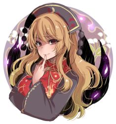 Rule 34 | 1girl, asa (coco), black dress, blonde hair, chinese clothes, dress, finger to mouth, hat, junko (touhou), long hair, long sleeves, looking at viewer, outside border, red eyes, ribbon, round image, smile, solo, tabard, touhou, upper body, wide sleeves