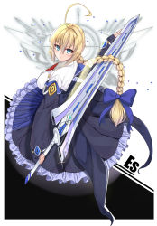 Rule 34 | 1girl, ahoge, blazblue, blazblue: cross tag battle, blonde hair, blue bow, blue eyes, blush, bow, braid, breasts, character name, dress, es (xblaze), frills, hair bow, highres, holding, holding sword, holding weapon, huge ahoge, large breasts, long braid, long hair, long sleeves, looking at viewer, muka tsuku, necktie, single braid, solo, sword, weapon, white background, xblaze, xblaze code: embryo