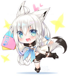 Rule 34 | 1girl, :d, ahoge, animal ear fluff, animal ears, black footwear, black shorts, black thighhighs, blue neckwear, blush, braid, chibi, commentary request, drawstring, fox ears, fox girl, fox tail, full body, green eyes, hair between eyes, heart, holding, hololive, hood, hood down, kabocha usagi, leaning forward, long hair, long sleeves, open mouth, shirakami fubuki, shirakami fubuki (1st costume), short shorts, shorts, side braid, silver hair, single braid, single thighhigh, sleeves past wrists, smile, solo, sparkle, standing, standing on one leg, star (symbol), tail, thighhighs, very long hair, virtual youtuber, wide sleeves