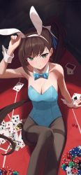 Rule 34 | 1girl, absurdres, animal ears, arm up, armpits, bare arms, bare shoulders, black survival, blue leotard, bow, bowtie, breasts, brown hair, brown pantyhose, card, cleavage, closed mouth, collarbone, detached collar, dice, eternal return: black survival, fake animal ears, fiora pellerin, frown, green eyes, hair ribbon, hairband, highleg, highleg leotard, highres, knee up, leotard, long hair, looking at viewer, medium breasts, minn (kangjm1107), pantyhose, playboy bunny, playing card, ponytail, rabbit ears, ribbon, sitting, solo, strapless, strapless leotard, thighband pantyhose, v-shaped eyebrows, very long hair, wrist cuffs