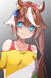 Rule 34 | 1girl, animal ears, arms behind back, bare shoulders, blue eyes, blush, bright pupils, brown hair, closed mouth, collarbone, false smile, gradient background, highres, horse ears, long hair, looking at viewer, multicolored hair, off-shoulder shirt, off shoulder, ponytail, shaded face, shiromoca, shirt, smile, solo, split mouth, streaked hair, striped clothes, striped shirt, tank top, tokai teio (umamusume), umamusume, upper body, white pupils, yellow shirt