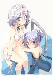 Rule 34 | 2girls, ass, bad id, bad twitter id, bat wings, bikini, blue eyes, blue hair, blush, braid, breasts, competition school swimsuit, competition swimsuit, izayoi sakuya, looking at viewer, maid headdress, multiple girls, navel, one-piece swimsuit, pointy ears, pool, pool ladder, red eyes, remilia scarlet, satou kibi, school swimsuit, short hair, silver hair, simple background, slit pupils, small breasts, smile, swimming, swimsuit, touhou, twin braids, wings, wrist cuffs