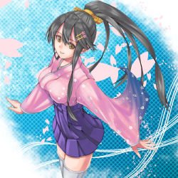 Rule 34 | 1girl, alternate costume, alternate hairstyle, black hair, breasts, brown eyes, flower, from above, hair between eyes, hair flower, hair ornament, hairclip, hakama, hakama short skirt, hakama skirt, haruna (kancolle), japanese clothes, kantai collection, kimono, large breasts, long hair, pink kimono, pleated skirt, ponytail, purple skirt, skirt, smile, solo, thighhighs, thighs, tom (rock n tom), white thighhighs